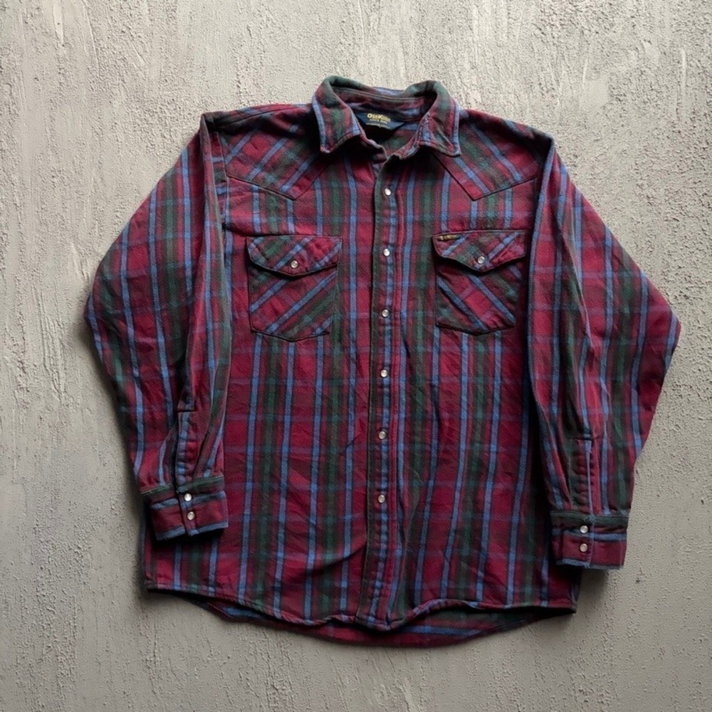 Vintage OshKosh Flannel Shirt Large 90s Plaid Flannel Western Pearl Snap